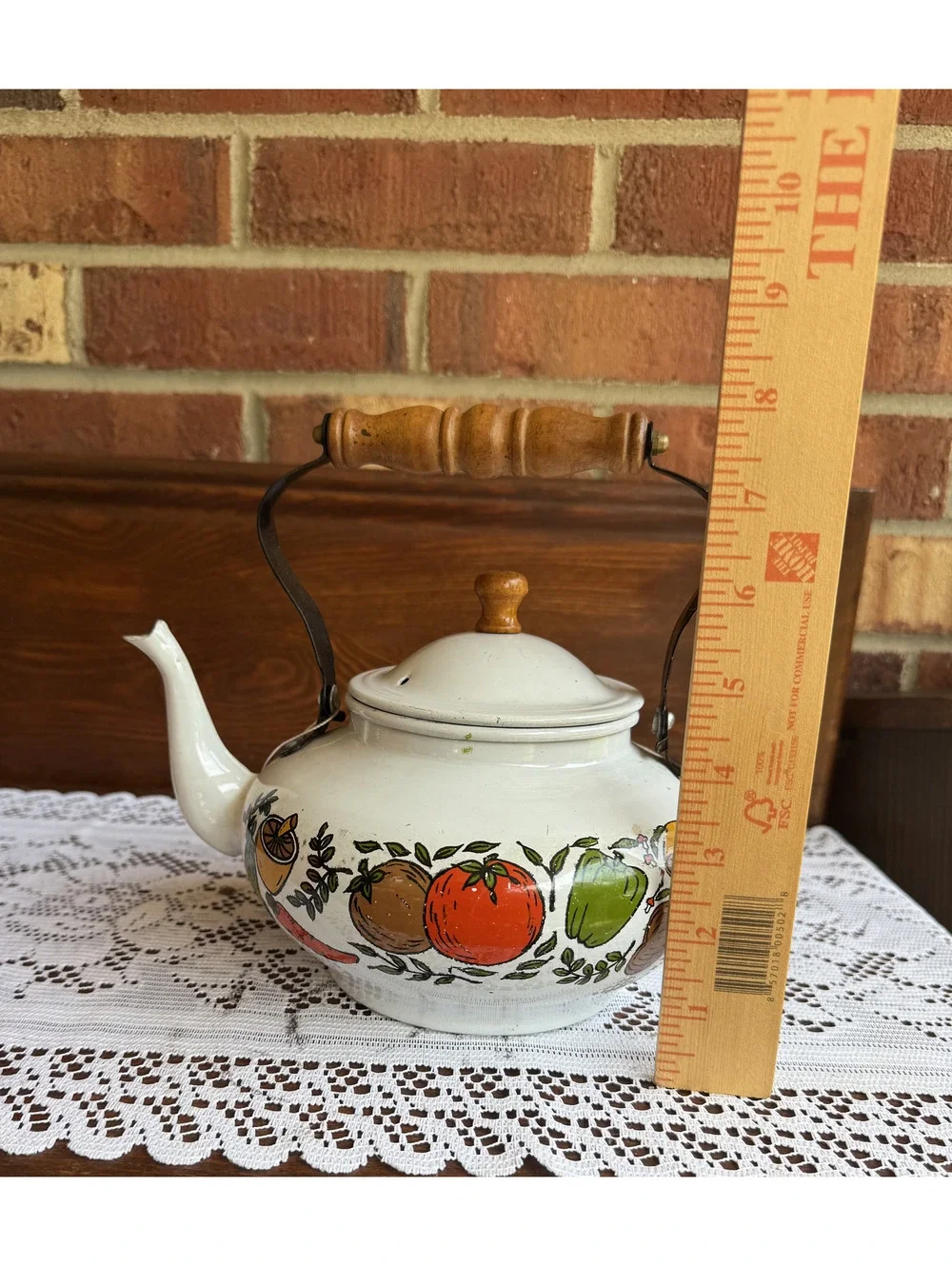 Vintage Enamel Teapot with Wooden Handle and Veggie and Mushroom Design